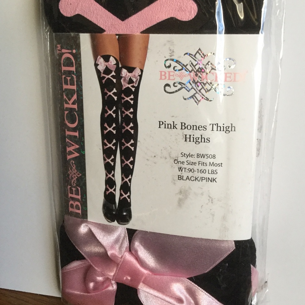 🎀 Black Pink Bones w/ Pink Satin Bow Thigh Highs Socks Nylon Stocking